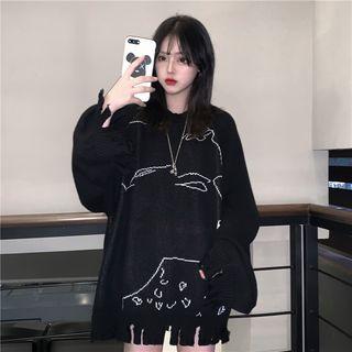 Patterned Distressed Boxy Sweater