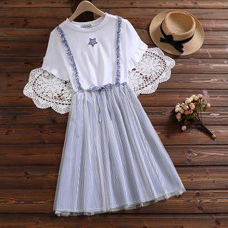 Mock Two-piece Striped Mesh Panel Midi A-line Dress