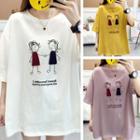 Elbow-sleeve Cartoon Lettering T-shirt