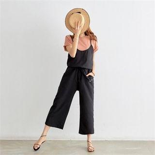 Spaghetti-strap Drawstring-waist Wide-leg Jumpsuit