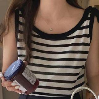 Sleeveless Bow-accent Shoulder Strap Striped Backless Knit Top
