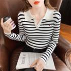 Open Collar Striped Knit Top