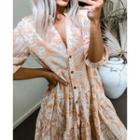 Elbow-sleeve Leaf Print Ruffle Dress