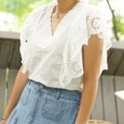 V-neck Eyelet-lace Trim Top Ivory - One Size