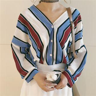 Striped V-neck Loose-fit Chiffon Blouse
