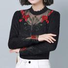 Flower Embroidered Mesh Panel Long-sleeve Lace Top