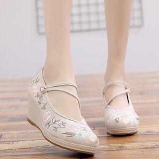 Flower Embroidered Wedge Mary Jane Pumps