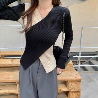 V-neck Two-tone Wrap Knit Top