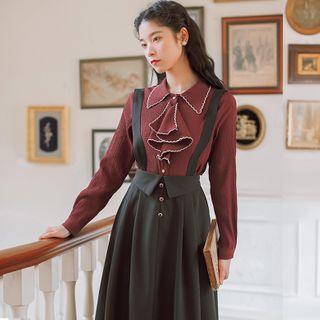 Set: Ruffle Blouse + High Waist Suspender Skirt