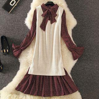 Set: Dotted Long-sleeve Tie-neck Dress + V-neck Vest