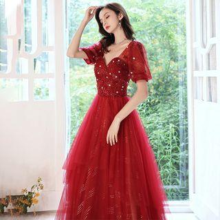 Short-sleeve Sequined Beaded A-line Evening Gown