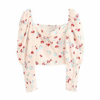 Floral Print Puff-sleeve Cropped Blouse
