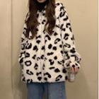 Leopard Print Fluffy Jacket White - One Size
