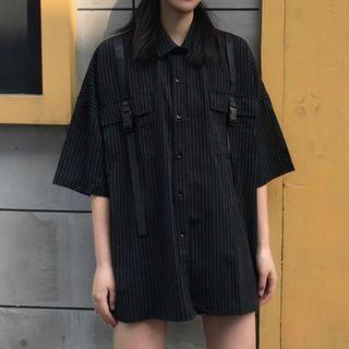 Buckled Pinstriped Elbow-sleeve Shirt