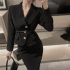 Plain Long-sleeve Blazer With Belt / High Waist Skinny Skirt