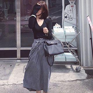 Set: Long Sleeve V-neck Top + Striped A-line Skirt