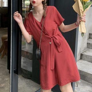 Short-sleeve Drawstring-waist Dress Red - One Size