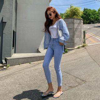 Crinkled Dip-back Gingham Shirt Sky Blue - One Size