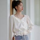 Puff-sleeve Drawstring Blouse Almond - One Size