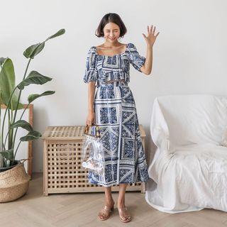 Set: Square-neck Patterned Top + Midi Flare Skirt