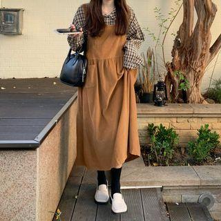 Plaid Shirt / Pocket Detail Midi Overall Dress