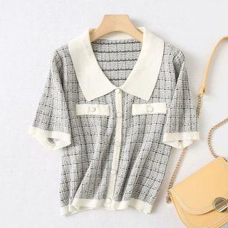 Short-sleeve Plaid Cardigan Black & White - One Size