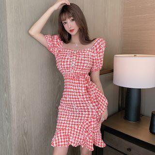 Short-sleeve Plaid Mini Mermaid Dress
