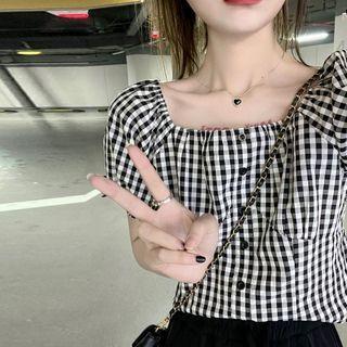 Short Sleeve Square Neck Plaid Crop Top