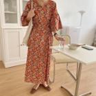 Floral Print Bell-sleeve Maxi A-line Dress As Shown In Figure - One Size