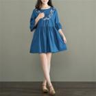 3/4-sleeve Ruffled Embroidered Dress