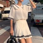 Sailor-collar Short-sleeve Shirt / Pleated Skirt