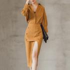Set: Plain Long-sleeve Blouse + Slit Midi Skirt