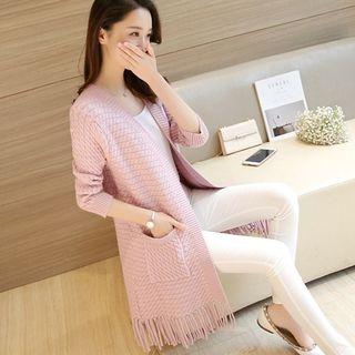 Fringe Hem Plain Long Cardigan