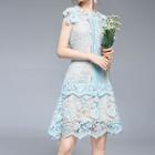 Collared Short-sleeve A-line Lace Party Dress