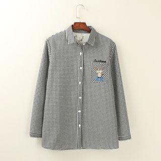 Long-sleeve Fleece-lined Embroidered Gingham Blouse