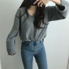 Long-sleeve V-neck Plain Knit Top Gray - One Size