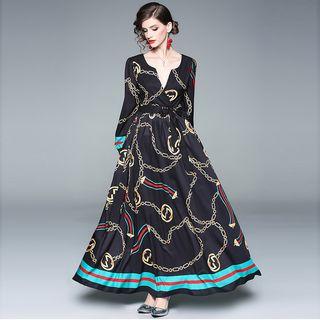 Long-sleeve Print A-line Maxi Dress