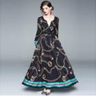 Long-sleeve Print A-line Maxi Dress