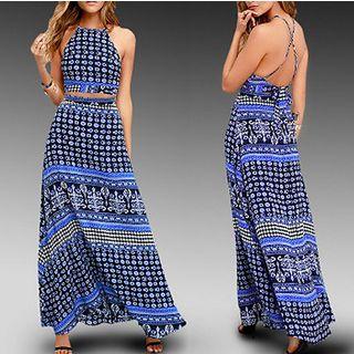 Set: Print Spaghetti Strap Open Back Top + Maxi Skirt