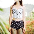 Set: Dotted Tankini Top + Dotted Swim Shorts + Cover-up Skirt