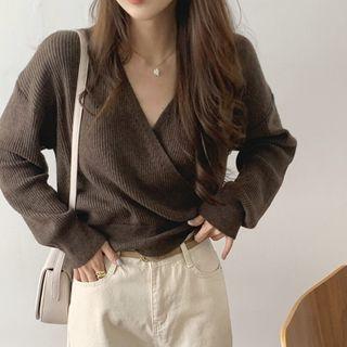 Drop-shoulder Ribbed Wrap Knit Top