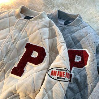 P Embroidered Quilted Baseball Jacket