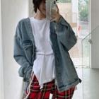 Washed Denim Jacket / Plaid Wide Leg Pants