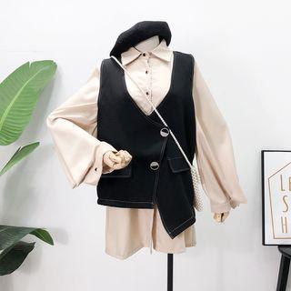 Set: Asymmetric Vest + Bubble-sleeved Long Shirt