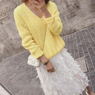 Set: Open Knit Sweater + Fringed Midi Spaghetti Strap Dress