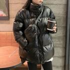 Set: Patent Padded Zipped Jacket + Waist Bag Black - One Size