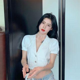 Puff-sleeve Open-back Buttoned Crop Top