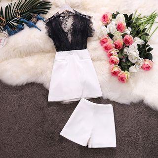 Set: Lace Panel Single-button Vest + Plain Shorts + Strapless Crop Top