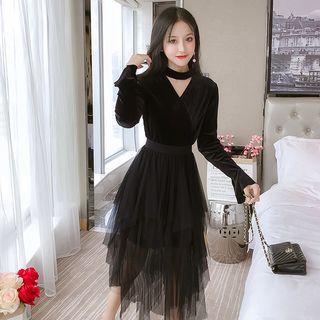 Long-sleeve Cutout Velvet Paneled Asymmetric Mesh A-line Midi Dress