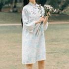 Traditional Chinese 3/4-sleeve Frog Buttoned Printed Mini Dress